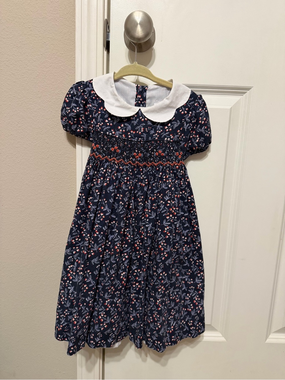 Edgehill Collection Navy Floral Smocked Dress with White Peter Pan Collar
